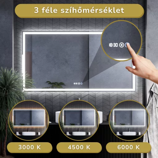 HD Firenze 150 cm széles fali szögletes LED okostükör ambient világítással, érintőkapcsolóval, digitális órával és páramentesítő funkcióval
