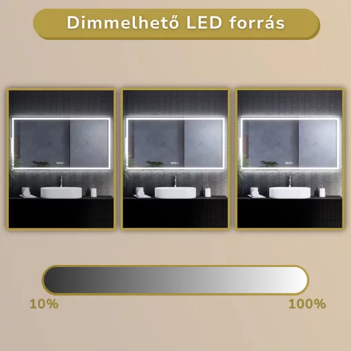 HD Firenze 150 cm széles fali szögletes LED okostükör ambient világítással, érintőkapcsolóval, digitális órával és páramentesítő funkcióval