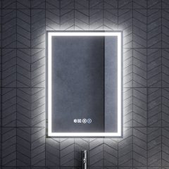   HD Firenze 50 cm széles fali szögletes LED okostükör ambient világítással, érintőkapcsolóval, digitális órával és páramentesítő funkcióval