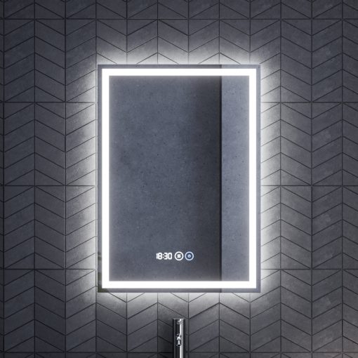 HD Firenze 50 cm széles fali szögletes LED okostükör ambient világítással, érintőkapcsolóval, digitális órával és páramentesítő funkcióval