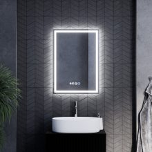 HD Firenze 50 cm széles fali szögletes LED okostükör ambient világítással, érintőkapcsolóval, digitális órával és páramentesítő funkcióval