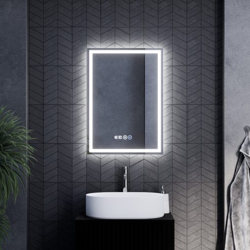 HD Firenze 50 cm széles fali szögletes LED okostükör ambient világítással, érintőkapcsolóval, digitális órával és páramentesítő funkcióval