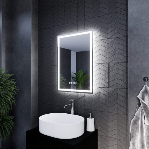 HD Firenze 50 cm széles fali szögletes LED okostükör ambient világítással, érintőkapcsolóval, digitális órával és páramentesítő funkcióval