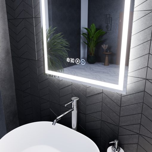 HD Firenze 50 cm széles fali szögletes LED okostükör ambient világítással, érintőkapcsolóval, digitális órával és páramentesítő funkcióval