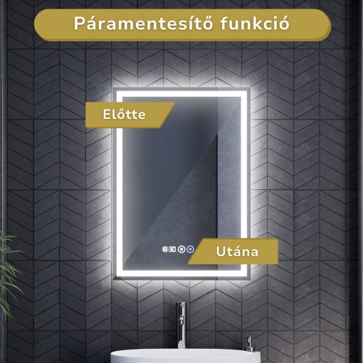 HD Firenze 50 cm széles fali szögletes LED okostükör ambient világítással, érintőkapcsolóval, digitális órával és páramentesítő funkcióval