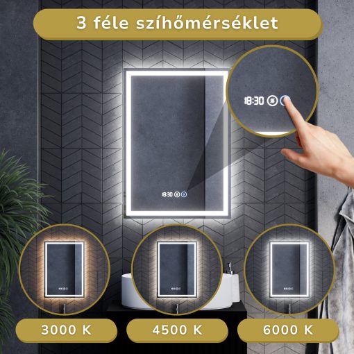 HD Firenze 50 cm széles fali szögletes LED okostükör ambient világítással, érintőkapcsolóval, digitális órával és páramentesítő funkcióval