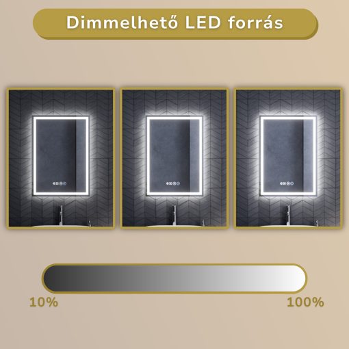HD Firenze 50 cm széles fali szögletes LED okostükör ambient világítással, érintőkapcsolóval, digitális órával és páramentesítő funkcióval