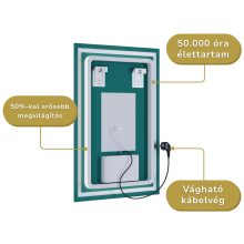 HD Firenze 50 cm széles fali szögletes LED okostükör ambient világítással, érintőkapcsolóval, digitális órával és páramentesítő funkcióval