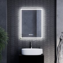 HD Firenze 60 cm széles fali szögletes LED okostükör ambient világítással, érintőkapcsolóval, digitális órával és páramentesítő funkcióval