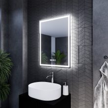 HD Firenze 60 cm széles fali szögletes LED okostükör ambient világítással, érintőkapcsolóval, digitális órával és páramentesítő funkcióval