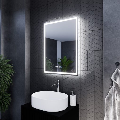 HD Firenze 60 cm széles fali szögletes LED okostükör ambient világítással, érintőkapcsolóval, digitális órával és páramentesítő funkcióval