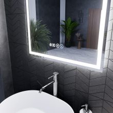 HD Firenze 60 cm széles fali szögletes LED okostükör ambient világítással, érintőkapcsolóval, digitális órával és páramentesítő funkcióval