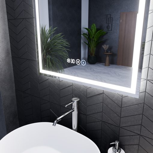 HD Firenze 60 cm széles fali szögletes LED okostükör ambient világítással, érintőkapcsolóval, digitális órával és páramentesítő funkcióval