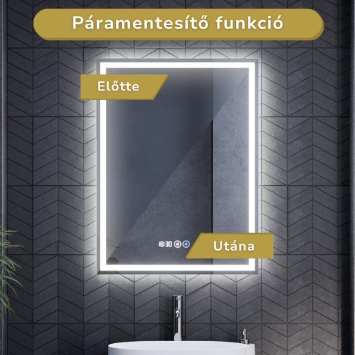 HD Firenze 60 cm széles fali szögletes LED okostükör ambient világítással, érintőkapcsolóval, digitális órával és páramentesítő funkcióval