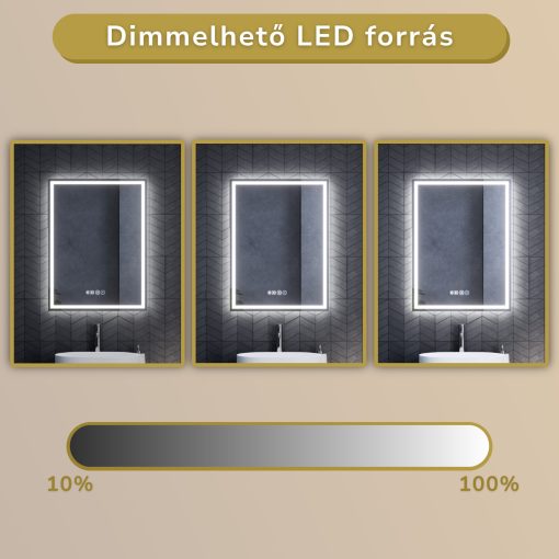 HD Firenze 60 cm széles fali szögletes LED okostükör ambient világítással, érintőkapcsolóval, digitális órával és páramentesítő funkcióval