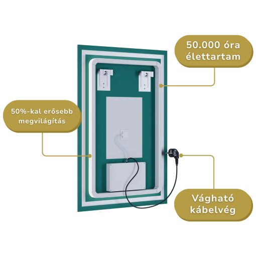 HD Firenze 60 cm széles fali szögletes LED okostükör ambient világítással, érintőkapcsolóval, digitális órával és páramentesítő funkcióval