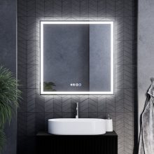 HD Firenze 80 cm széles fali szögletes LED okostükör ambient világítással, érintőkapcsolóval, digitális órával és páramentesítő funkcióval