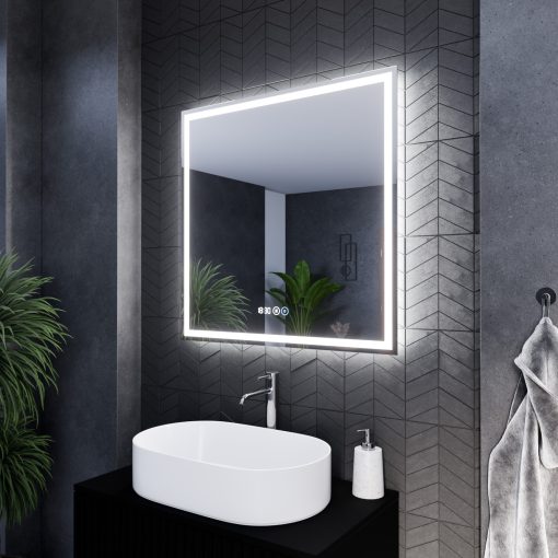 HD Firenze 80 cm széles fali szögletes LED okostükör ambient világítással, érintőkapcsolóval, digitális órával és páramentesítő funkcióval