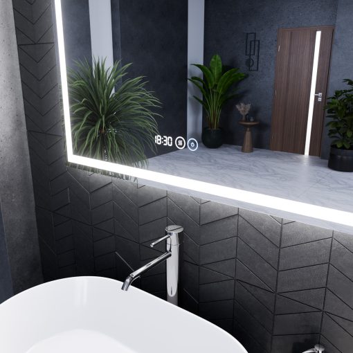 HD Firenze 80 cm széles fali szögletes LED okostükör ambient világítással, érintőkapcsolóval, digitális órával és páramentesítő funkcióval