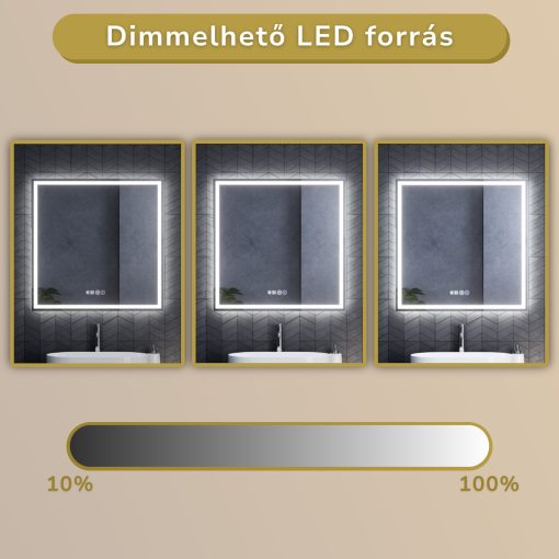 HD Firenze 80 cm széles fali szögletes LED okostükör ambient világítással, érintőkapcsolóval, digitális órával és páramentesítő funkcióval