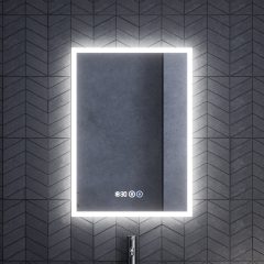   HD Verona 50 cm széles fali szögletes LED okostükör ambient világítással, érintőkapcsolóval, digitális órával és páramentesítő funkcióval