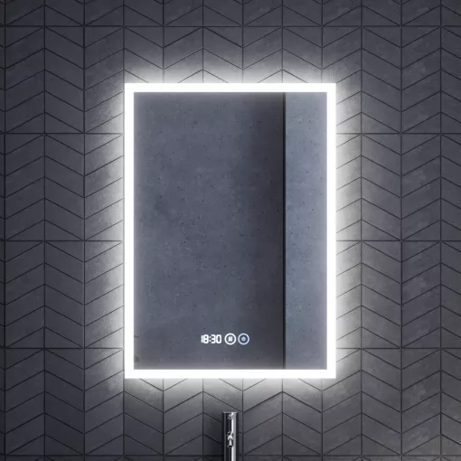 HD Verona 50 cm széles fali szögletes LED okostükör ambient világítással, érintőkapcsolóval, digitális órával és páramentesítő funkcióval