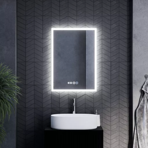 HD Verona 50 cm széles fali szögletes LED okostükör ambient világítással, érintőkapcsolóval, digitális órával és páramentesítő funkcióval