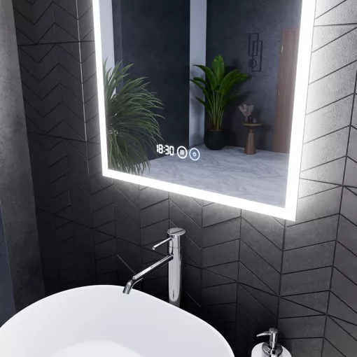 HD Verona 50 cm széles fali szögletes LED okostükör ambient világítással, érintőkapcsolóval, digitális órával és páramentesítő funkcióval