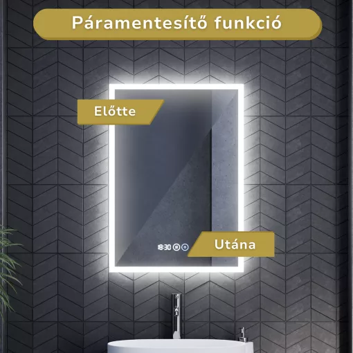 HD Verona 50 cm széles fali szögletes LED okostükör ambient világítással, érintőkapcsolóval, digitális órával és páramentesítő funkcióval