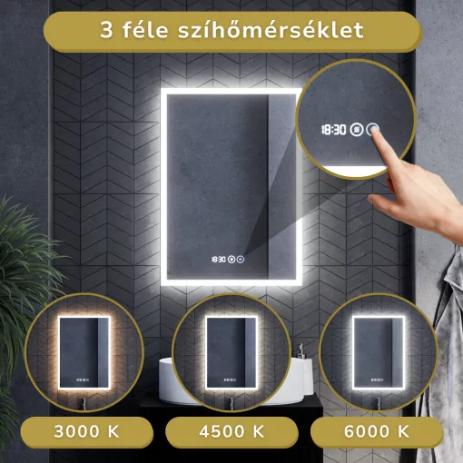 HD Verona 50 cm széles fali szögletes LED okostükör ambient világítással, érintőkapcsolóval, digitális órával és páramentesítő funkcióval