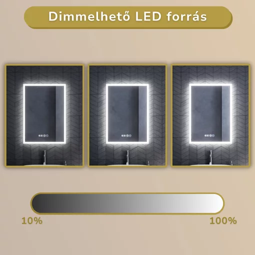 HD Verona 50 cm széles fali szögletes LED okostükör ambient világítással, érintőkapcsolóval, digitális órával és páramentesítő funkcióval