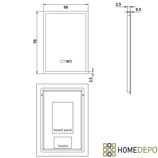 HD Verona 50 cm széles fali szögletes LED okostükör ambient világítással, érintőkapcsolóval, digitális órával és páramentesítő funkcióval