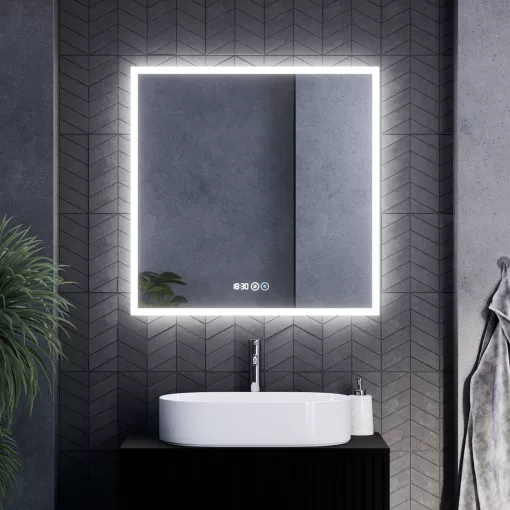 HD Verona 80 cm széles fali szögletes LED okostükör ambient világítással, érintőkapcsolóval, digitális órával és páramentesítő funkcióval