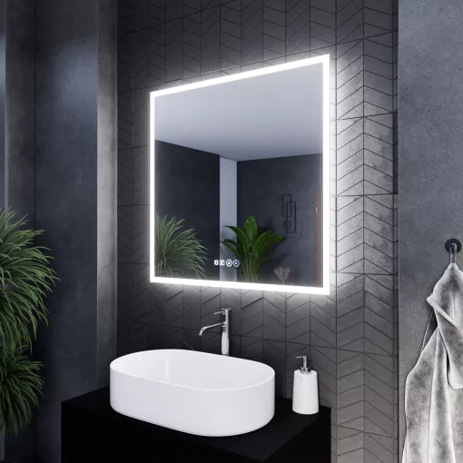 HD Verona 80 cm széles fali szögletes LED okostükör ambient világítással, érintőkapcsolóval, digitális órával és páramentesítő funkcióval