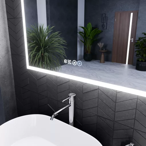 HD Verona 80 cm széles fali szögletes LED okostükör ambient világítással, érintőkapcsolóval, digitális órával és páramentesítő funkcióval