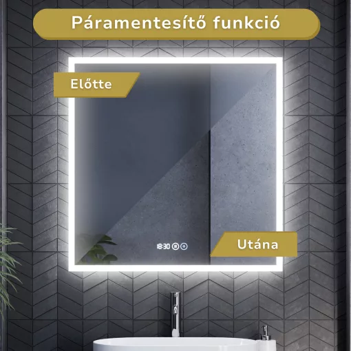HD Verona 80 cm széles fali szögletes LED okostükör ambient világítással, érintőkapcsolóval, digitális órával és páramentesítő funkcióval