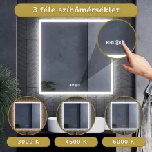 HD Verona 80 cm széles fali szögletes LED okostükör ambient világítással, érintőkapcsolóval, digitális órával és páramentesítő funkcióval
