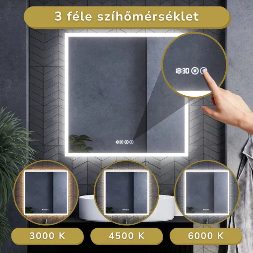 HD Verona 80 cm széles fali szögletes LED okostükör ambient világítással, érintőkapcsolóval, digitális órával és páramentesítő funkcióval