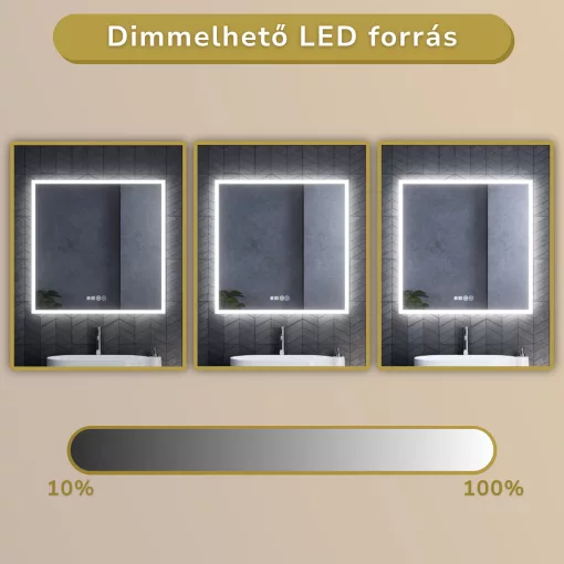HD Verona 80 cm széles fali szögletes LED okostükör ambient világítással, érintőkapcsolóval, digitális órával és páramentesítő funkcióval