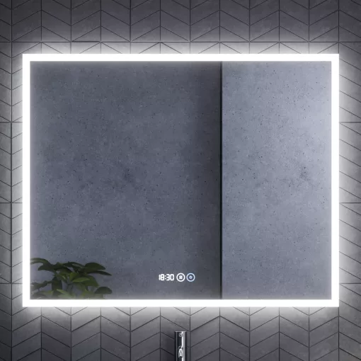 HD Verona 100 cm széles fali szögletes LED okostükör ambient világítással, érintőkapcsolóval, digitális órával és páramentesítő funkcióval