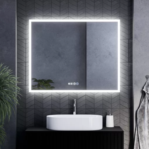 HD Verona 100 cm széles fali szögletes LED okostükör ambient világítással, érintőkapcsolóval, digitális órával és páramentesítő funkcióval