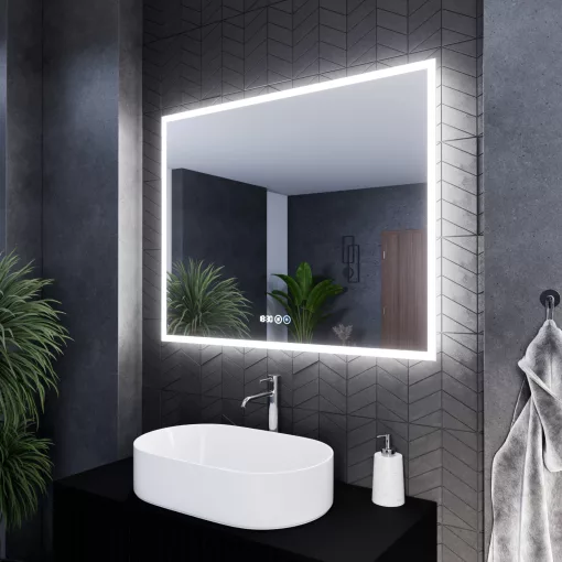 HD Verona 100 cm széles fali szögletes LED okostükör ambient világítással, érintőkapcsolóval, digitális órával és páramentesítő funkcióval