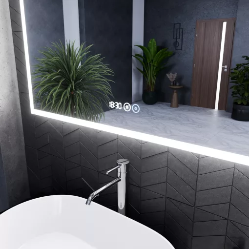 HD Verona 100 cm széles fali szögletes LED okostükör ambient világítással, érintőkapcsolóval, digitális órával és páramentesítő funkcióval
