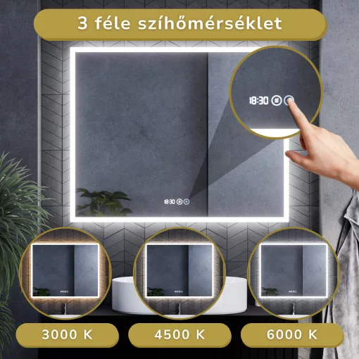HD Verona 100 cm széles fali szögletes LED okostükör ambient világítással, érintőkapcsolóval, digitális órával és páramentesítő funkcióval