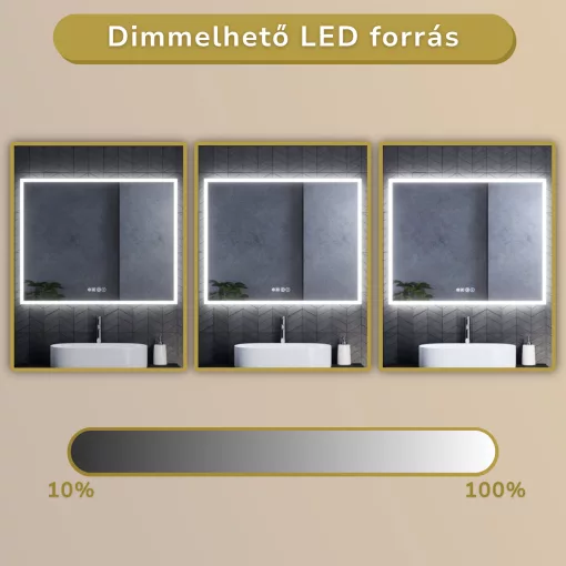 HD Verona 100 cm széles fali szögletes LED okostükör ambient világítással, érintőkapcsolóval, digitális órával és páramentesítő funkcióval