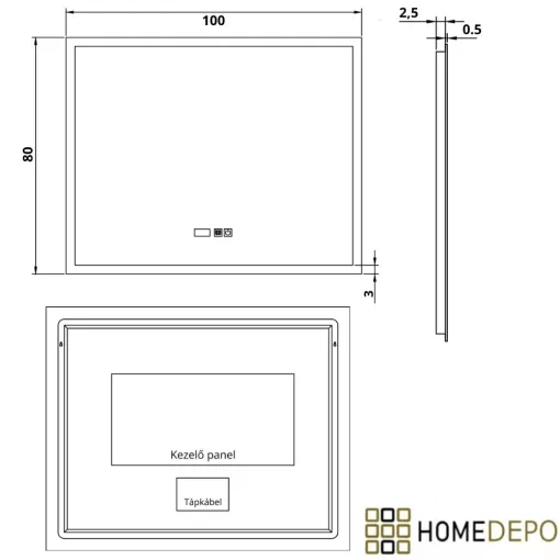 HD Verona 100 cm széles fali szögletes LED okostükör ambient világítással, érintőkapcsolóval, digitális órával és páramentesítő funkcióval