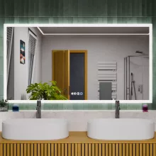 HD Verona 150 cm széles fali szögletes LED okostükör ambient világítással, érintőkapcsolóval, digitális órával és páramentesítő funkcióval