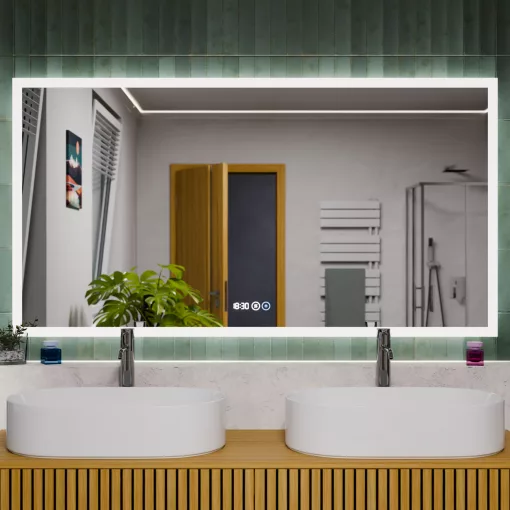 HD Verona 150 cm széles fali szögletes LED okostükör ambient világítással, érintőkapcsolóval, digitális órával és páramentesítő funkcióval