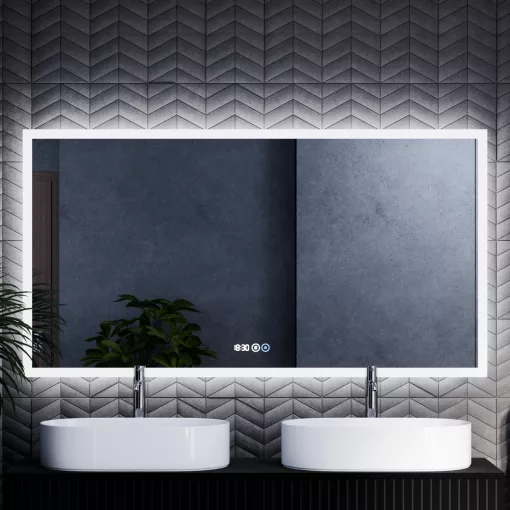 HD Verona 150 cm széles fali szögletes LED okostükör ambient világítással, érintőkapcsolóval, digitális órával és páramentesítő funkcióval
