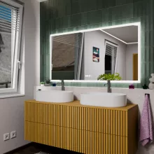 HD Verona 150 cm széles fali szögletes LED okostükör ambient világítással, érintőkapcsolóval, digitális órával és páramentesítő funkcióval